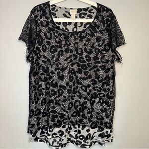 Chico's Cheetah Chaser Black Lace Overlay Blouse Liquid Knit Nylon Top Size XL
